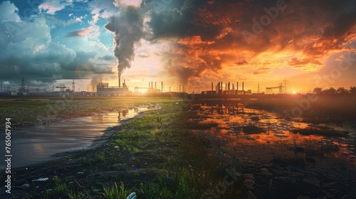 A before-and-after scenario illustrating the transformation of a polluted industrial area into a clean, renewable energy facility, showcasing progress in environmental cleanup and energy transition