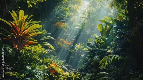 A detailed painting of a lush rainforest with a hidden solar power station, showing how renewable energy can coexist with natural habitats without disruption
