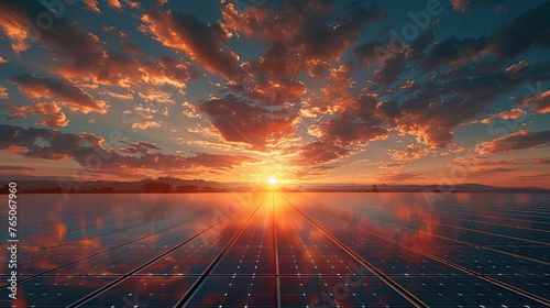 A detailed view of a solar farm at sunset, highlighting the beauty and efficiency of solar panels in generating clean energy