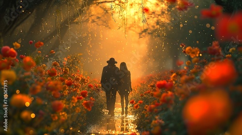 a couple walking down a path in a field of flowers at sunset