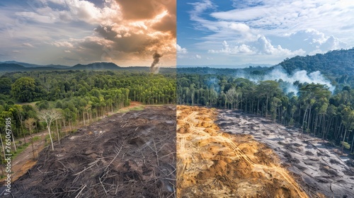 A captivating before-and-after comparison of an area affected by deforestation and its transformation after a successful reforestation initiative photo