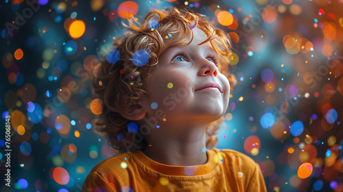 colorfull numbers floating in the air around a cute little kid,generative ai