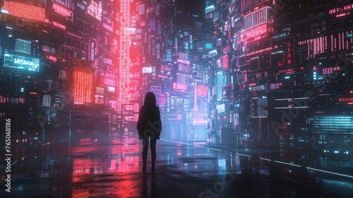 A solitary figure stands in a vibrant, neon-lit cyberpunk cityscape, creating a mood of contemplation amidst urban technology.