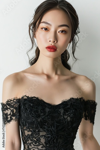 Portrait of a pretty young woman super model of Korean ethnicity wearing an elegant black cocktail dress with a fitted silhouette, off-the-shoulder neckline, and delicate lace detailing
