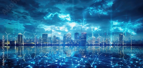 Ocean energy technologies contributing to the energy grid, solid color background photo