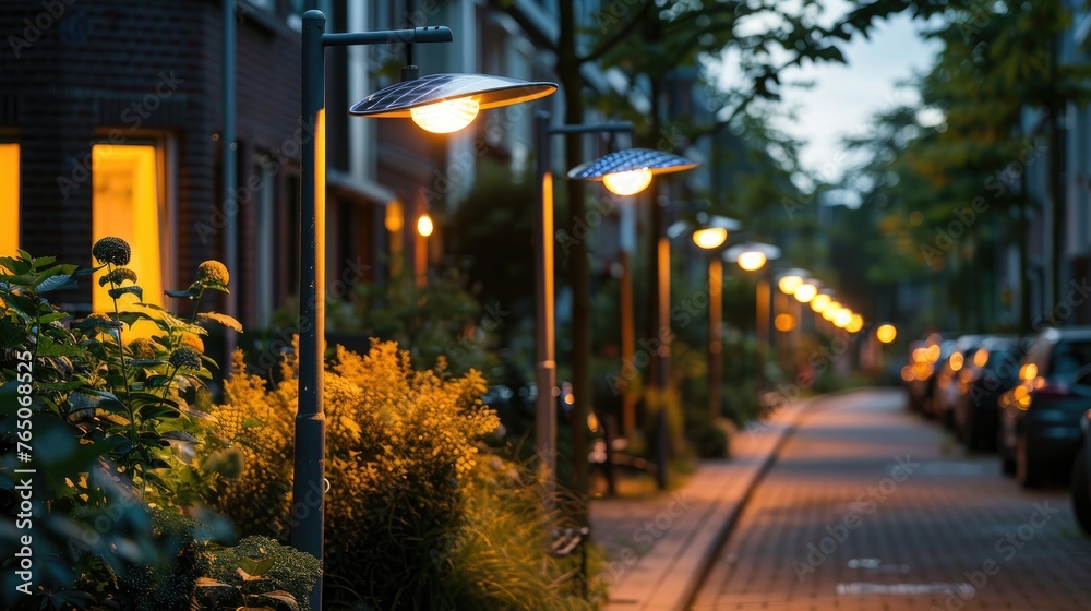 An informative breakdown of the energy saved and emissions reduced by a city's transition to LED streetlights powered by solar panels, demonstrating real-world impacts of renewable energy policies - obrazy, fototapety, plakaty 
