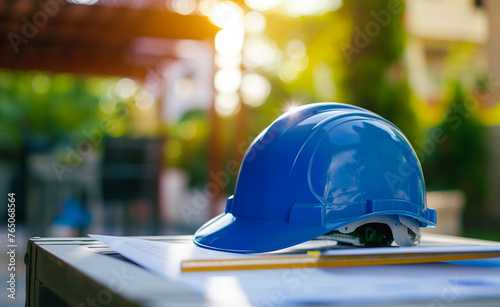 Blue construction helmet with a project or construction plan.