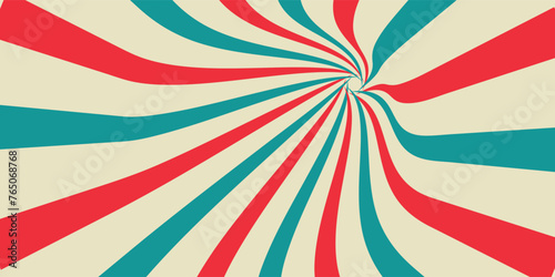 Retro background with curved, rays or stripes in the center. Rotating, spiral stripes. Sunburst or sun burst retro background. Turquoise and red colors. Vector illustration