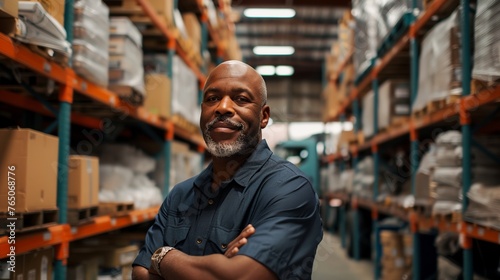 a man standing in a warehouse with his arms crossed