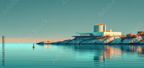 Tidal lagoon power plants for coastal energy, solid color background photo
