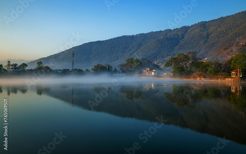 Landscape view of Taudah Lake in Kathmandu, Nepal.