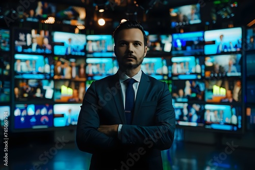 Male news presenter reporting in a TV studio with screens displaying various news topics in the background. Concept TV Studio, News Presenter, Screens, News Topics, Male Presenter