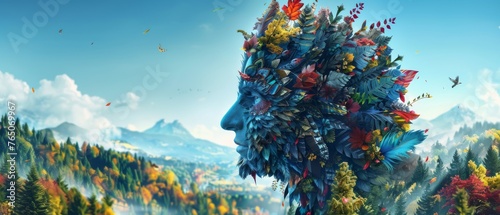  Man's head digital painting in forest amidst flying trees, birds © Wall