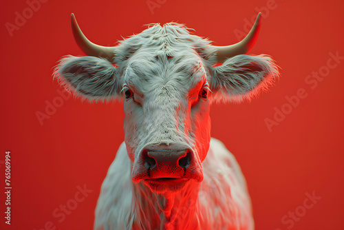 A working animal, bovine with horns, is standing in front of a red background. This terrestrial animal has a snout and fur in a closeup shot, showcasing livestock art in an event