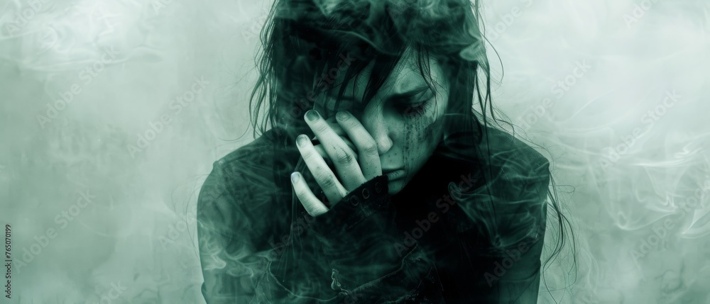 A monochrome image of a female with her palms covering her eyes and plumes of smoke escaping from her tresses A monochrome image of a female with her palms covering her eyes and plumes of smoke escaping from her tresses