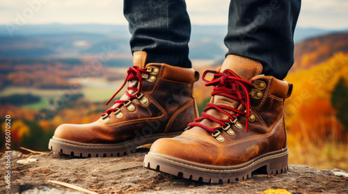 Hiker exploring mountain landscape in macro boots of hiking adventure nature outdoors sport panorama