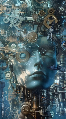 AI Humanoid Head Crafted from Machine Parts in Abstract Blue Realm