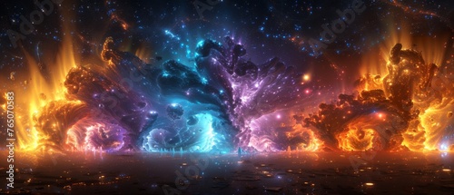  A photo depicts a cosmic panorama with abundant flames and frozen regions in the foreground, while a person stands centered in the frame photo