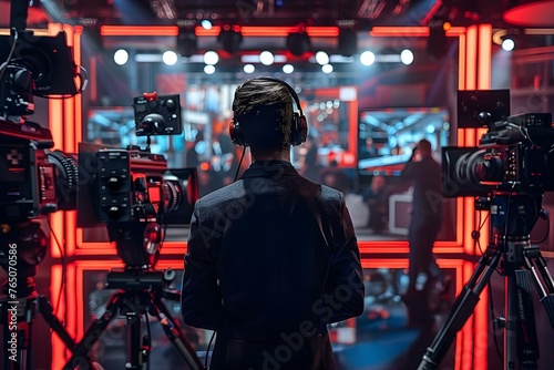 A news anchor reporting live in a television studio with journalists and correspondents working in the background. Concept Television Journalism, Live Reporting, News Anchors, Studio Setup photo