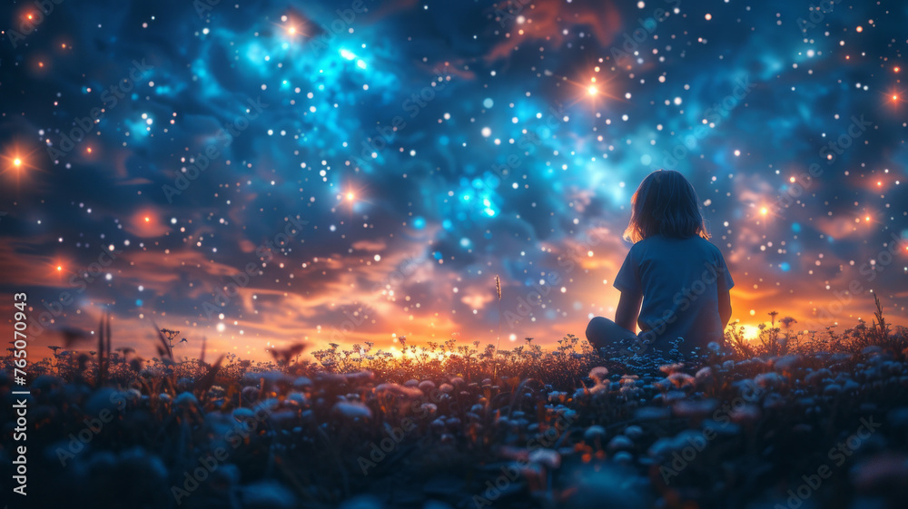 A happy amazed kid is sitting on the grass watching the sky full of stars,generative ai - obrazy, fototapety, plakaty 