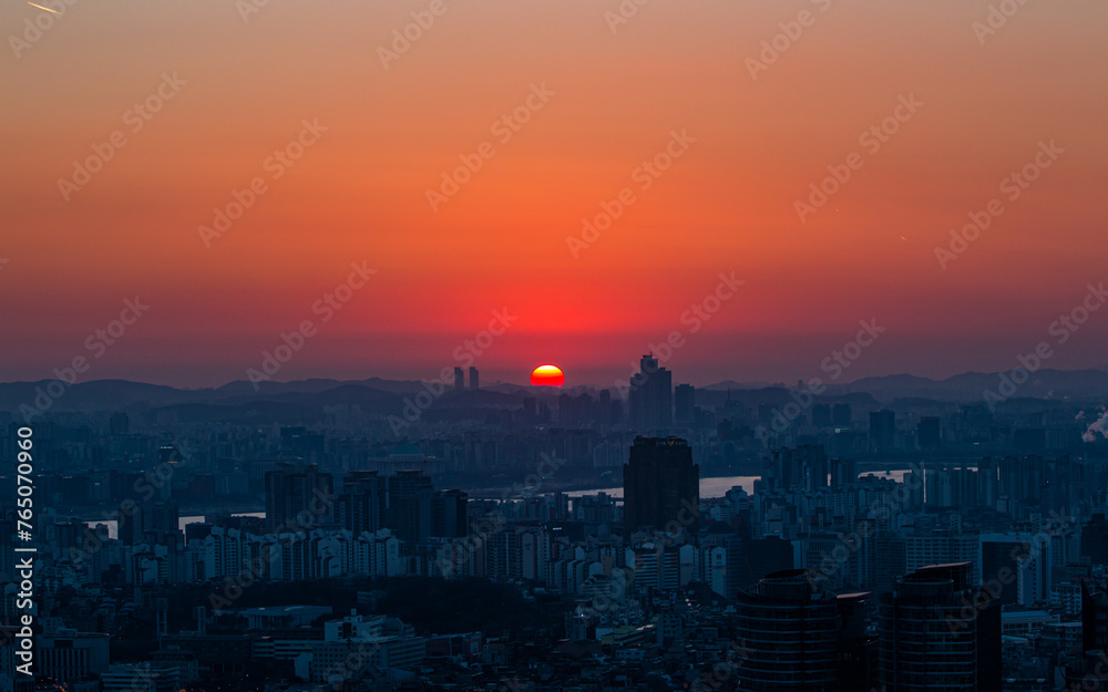 sunset over the city in Seoul, South Korea. 