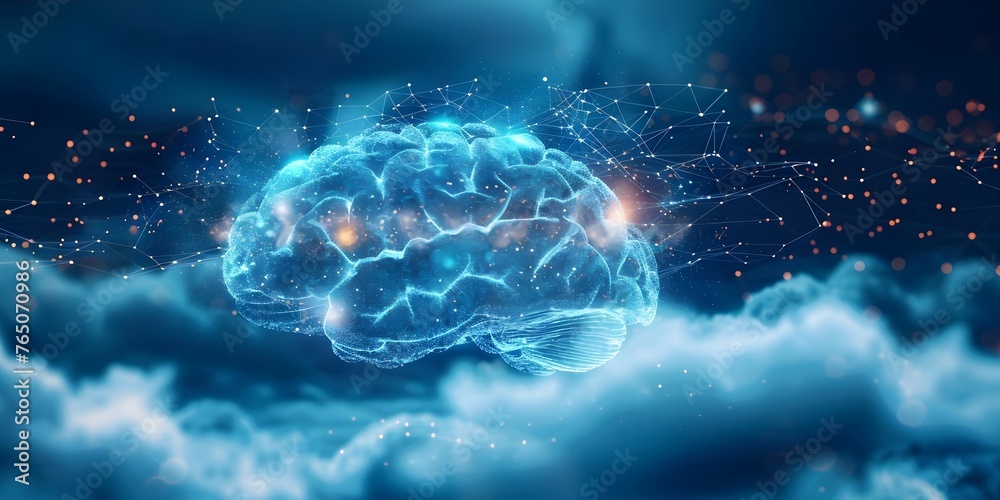 A conceptual image showing a human brain connected to clouds symbolizing the integration of human intelligence with cloud technology. Concept Technology Integration, Cloud Computing