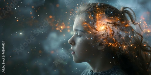 A young girl with a glowing universe in her mind representing auditory hallucinations and emotional swings in schizophrenia. Concept Schizophrenia Depiction, Auditory Hallucinations