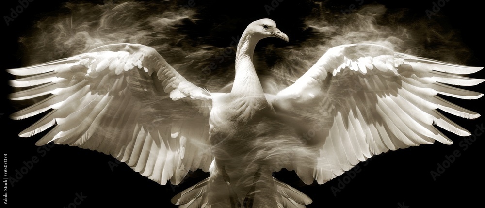  A grayscale picture captures a pure-white bird, its wings fully unfurled, and its head lifted high