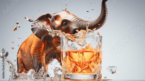 the elephant drinks whiskey from a glass glass . Spray is flying