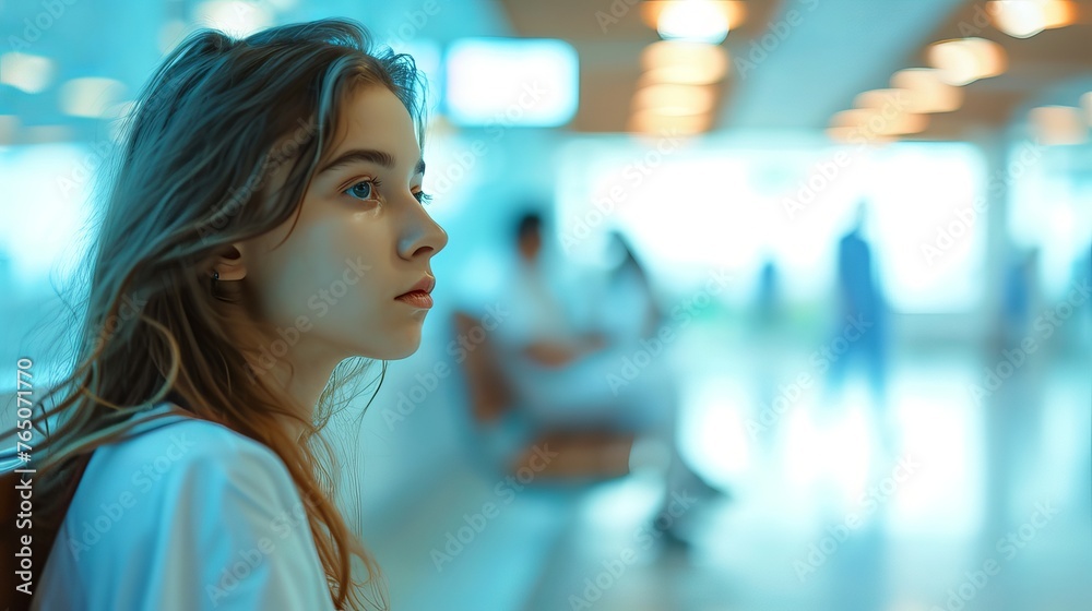 Worried and sad teen girl sitting and waiting on bench , outside of emergency room in hospital - Emotional Scene Worried and sad teen girl sitting and waiting on bench , outside of emergency room in hospital - Emotional Scene