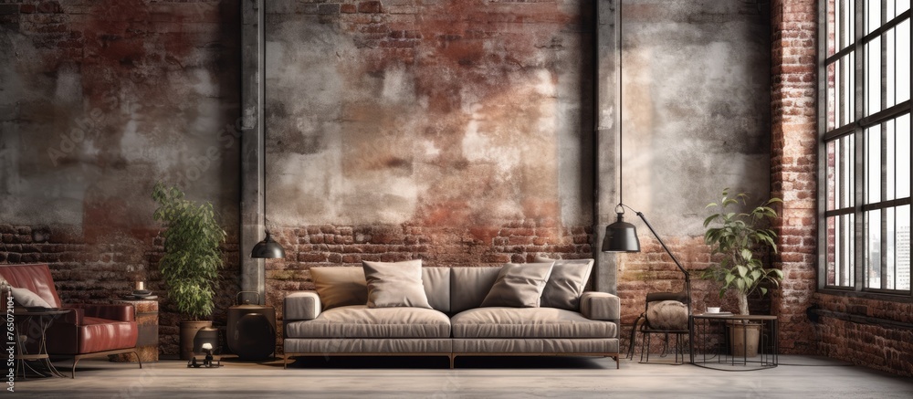 A cozy living room with exposed brick walls decorated with a comfortable couch for relaxation A cozy living room with exposed brick walls decorated with a comfortable couch for relaxation