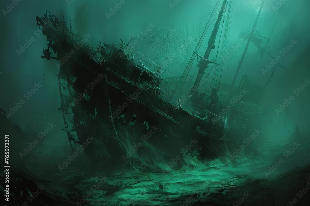 Ghostly Shipwreck Eerie Undersea Exploration, Digital Painting - obrazy, fototapety, plakaty 