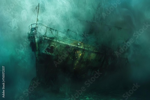 Ghostly Shipwreck Eerie Undersea Exploration, Digital Painting
