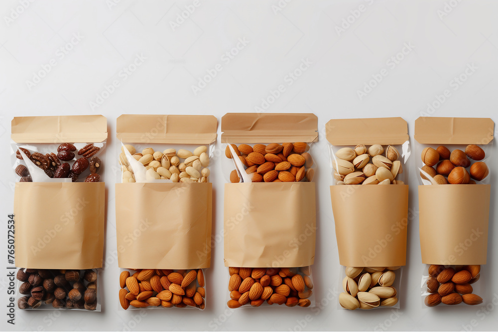 Mock-up sachets alimentaires en papier eco-friendly, en marque blanche contenant des oléagineuses, fruits secs comme la pistache, l'amande, sur fond clair avec espace négatif copy space. Mock-up sachets alimentaires en papier eco-friendly, en marque blanche contenant des oléagineuses, fruits secs comme la pistache, l'amande, sur fond clair avec espace négatif copy space.