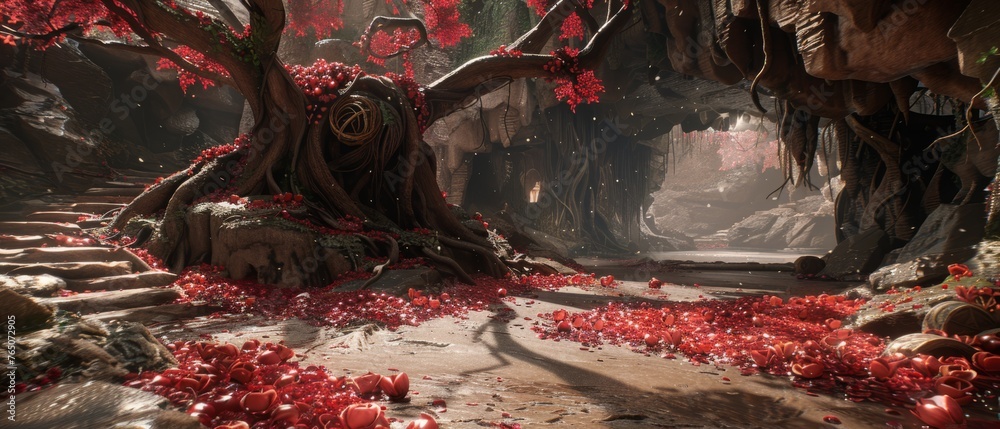  A whimsical depiction portrays a lush woodland realm, at its heart, an ancient tree stands tall with vibrant scarlet blossoms carpeting the earth below - obrazy, fototapety, plakaty 