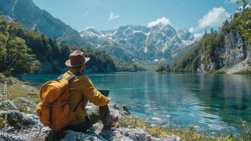 Young man freelancer traveler wearing hat anywhere working online using laptop and enjoying mountains view,generative ai Young man freelancer traveler wearing hat anywhere working online using laptop and enjoying mountains view,generative ai