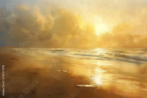 Golden Sunset Dreamscape Over Ocean - Digital Painting of Serene Beach with Ethereal Quality
