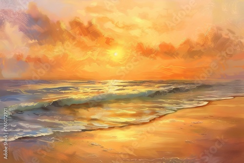 Golden Sunset Dreamscape Over Ocean - Digital Painting of Serene Beach with Ethereal Quality © furyon