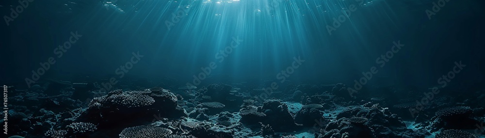 4K deep sea adventure, mysterious ocean depths, wide view, high-resolution, enigmatic and dark - obrazy, fototapety, plakaty 