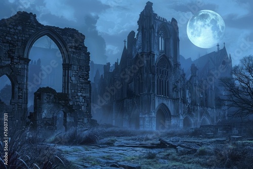 Gothic Cathedral Ruins Moonlit Night, Mysterious Atmosphere, Digital Painting