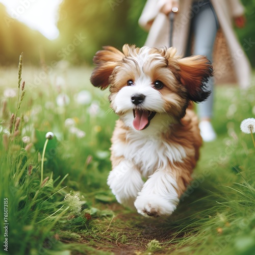 Happy puppy running on the grass on a sunny day photo