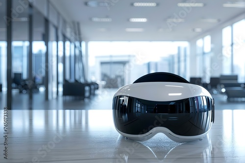 Virtual reality goggles in a newsroom setting showcasing collaboration and futuristic technology. Concept Virtual Reality, Newsroom Setting, Collaboration, Futuristic Technology © Anastasiia