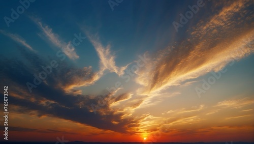 Vibrant fantasy panoramic sunset sky - Gradient rich colors - beautiful summer sunset or sunrise sky. AI generated