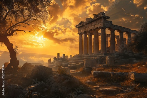 Magnificent Greece temple ancient. Tourist sky. Generate Ai