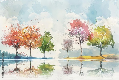 Harmony of the Seasons A Quartet of Scenic Views Representing Spring, Summer, Autumn, and Winter, Digital Watercolor