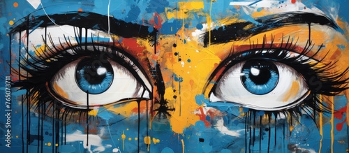 Create an artwork depicting a close-up view of a woman's eyes using vibrant blue and yellow paint colors photo