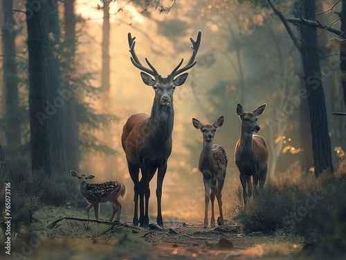 Deer family alert to predators, misty forest at dawn, wide shot, suspenseful natural setting