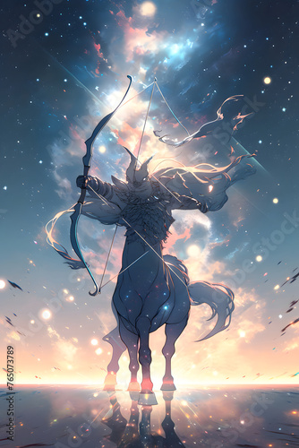 A centaur wielding a bow and arrow for Sagittarius Zodiac Sign, with the stars twinkling in the background V4 photo
