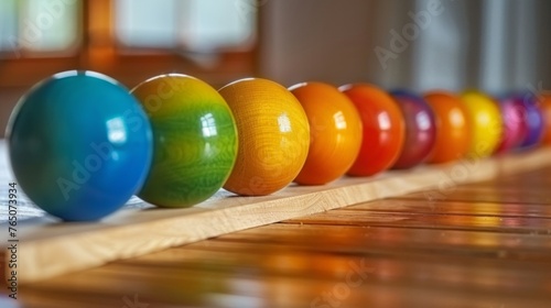 Group of wooden color balls in line
