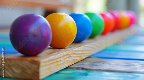 Group of wooden color balls in line